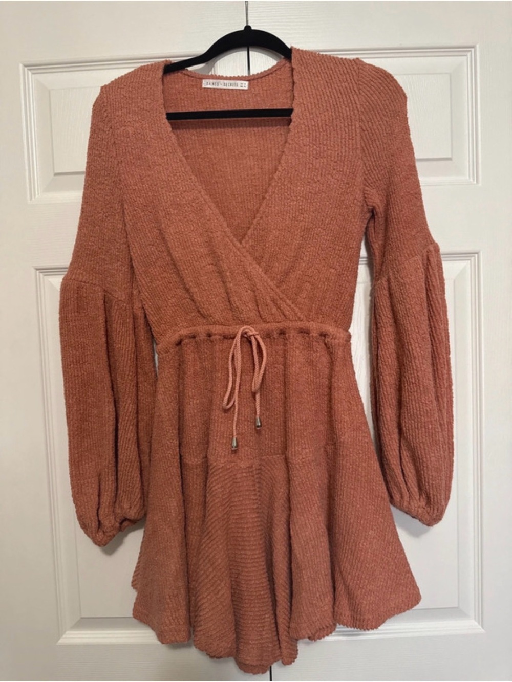 Textured Rust Wrap-Front Long Sleeve Dress with Tie Waist